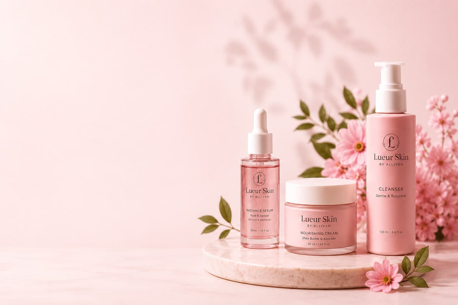 Sérum, creme e cleanser Lueur Skin sobre uma bandeja de mármore entre flores cor-de-rosa