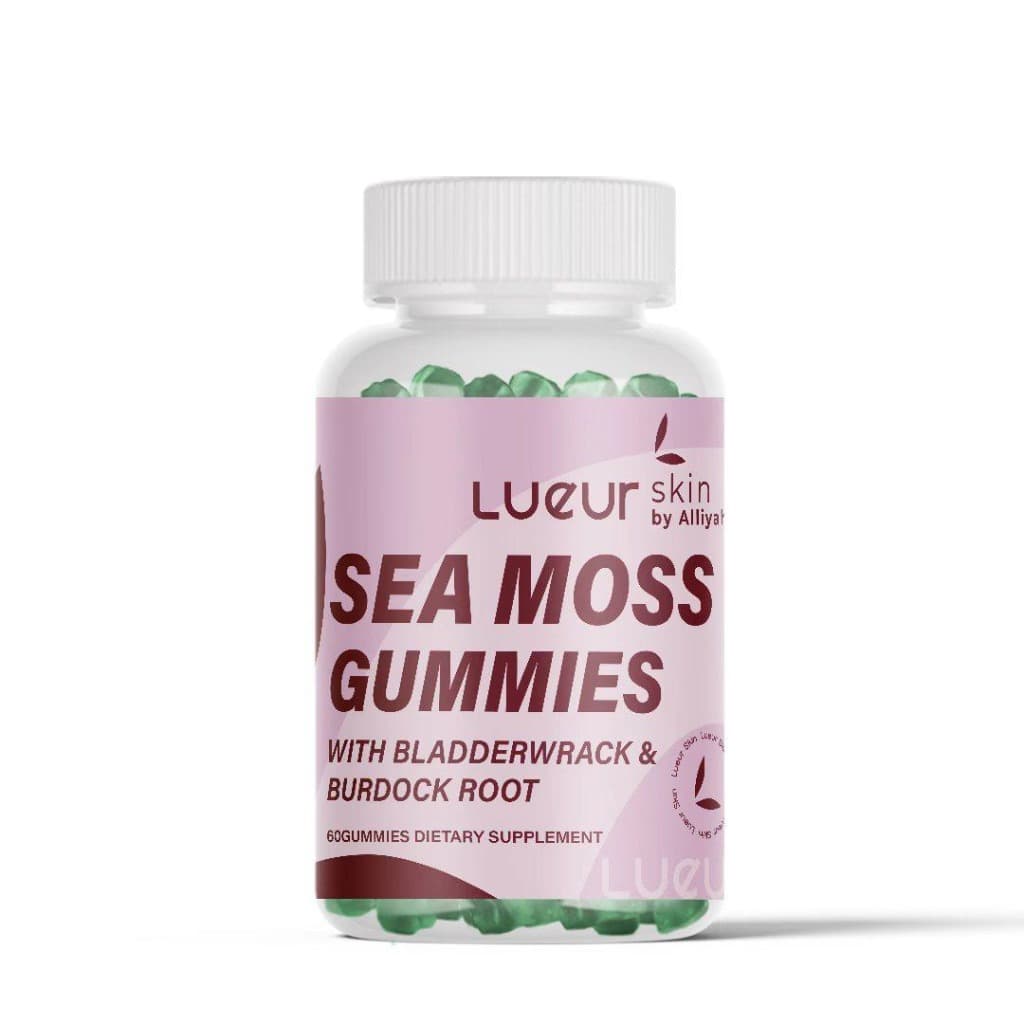 Frasco de gomas de musgo marinho Lueur Skin sobre fundo claro